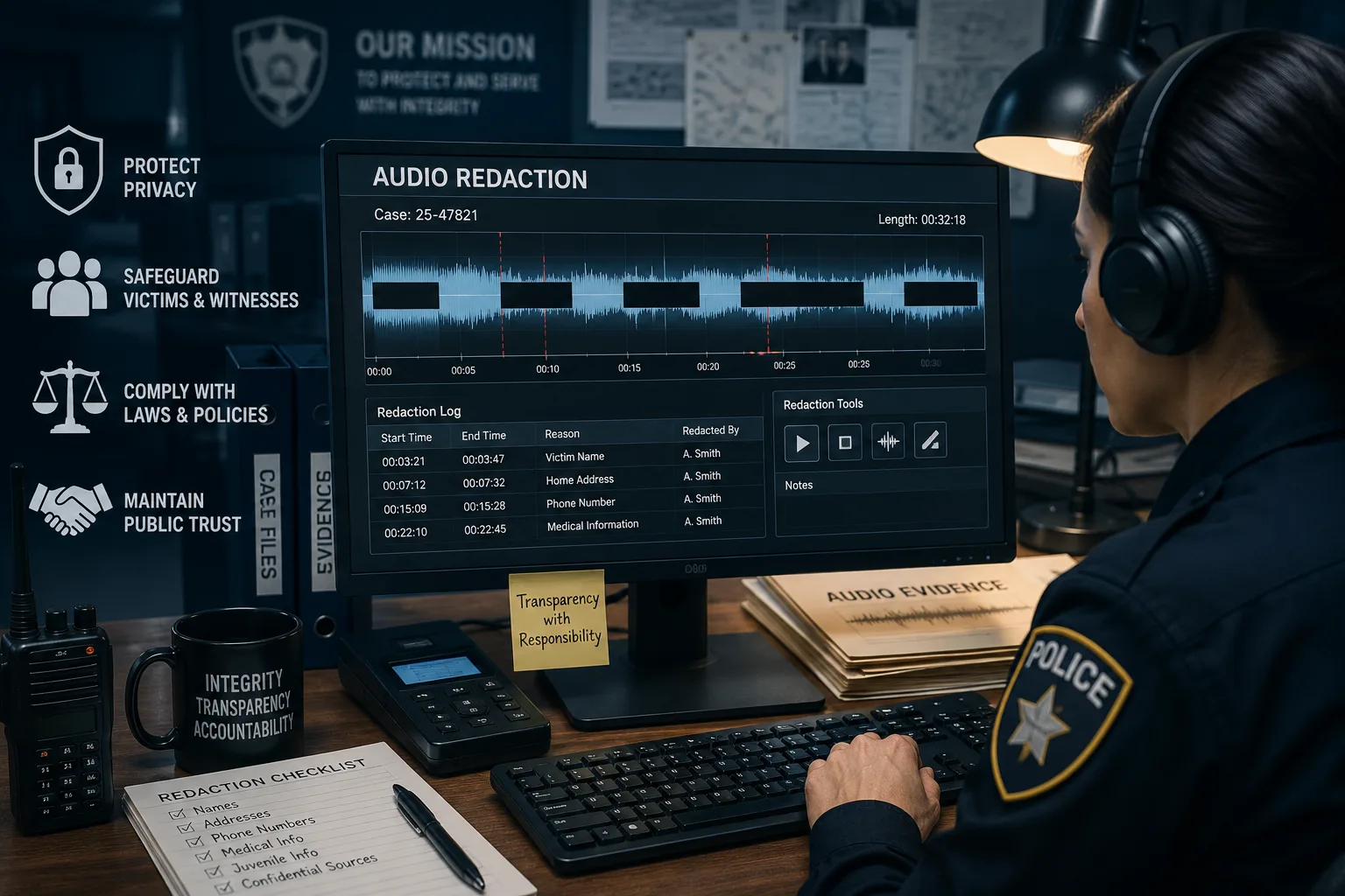 A police officer wearing headphones sits at a dark desk using audio redaction software on a computer screen, surrounded by case files, evidence, a radio, and icons highlighting privacy protection and legal compliance.